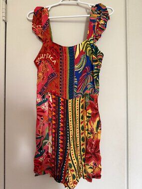 Farm Rio x Anthropologie Tropical Patchwork Romper | Ruffle Strap | Small